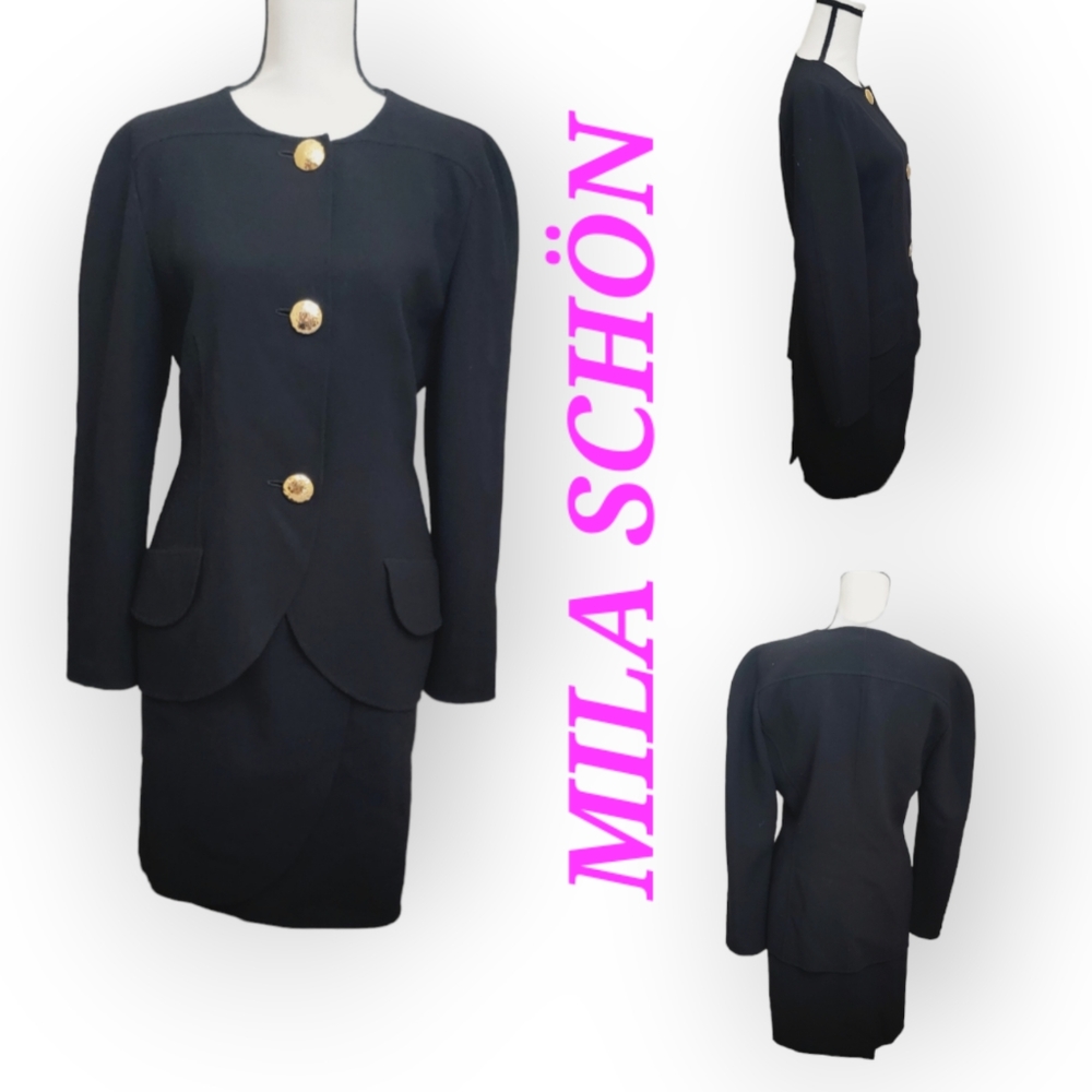 MILA SCHON 100% Wool Tulip silhouette Blazer Skirt Suit